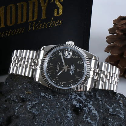 Seiko mod Datejust black dial watch with Seiko NH35 automatic and 904L steel