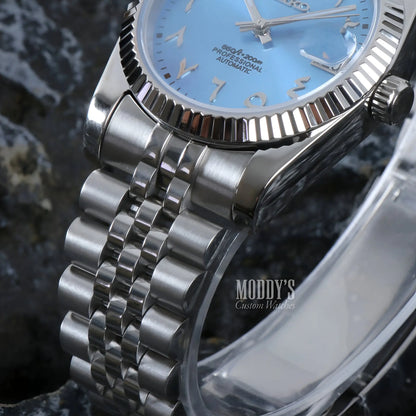 Seiko mod Datejust with ice blue Arabic dial and 316L steel bracelet