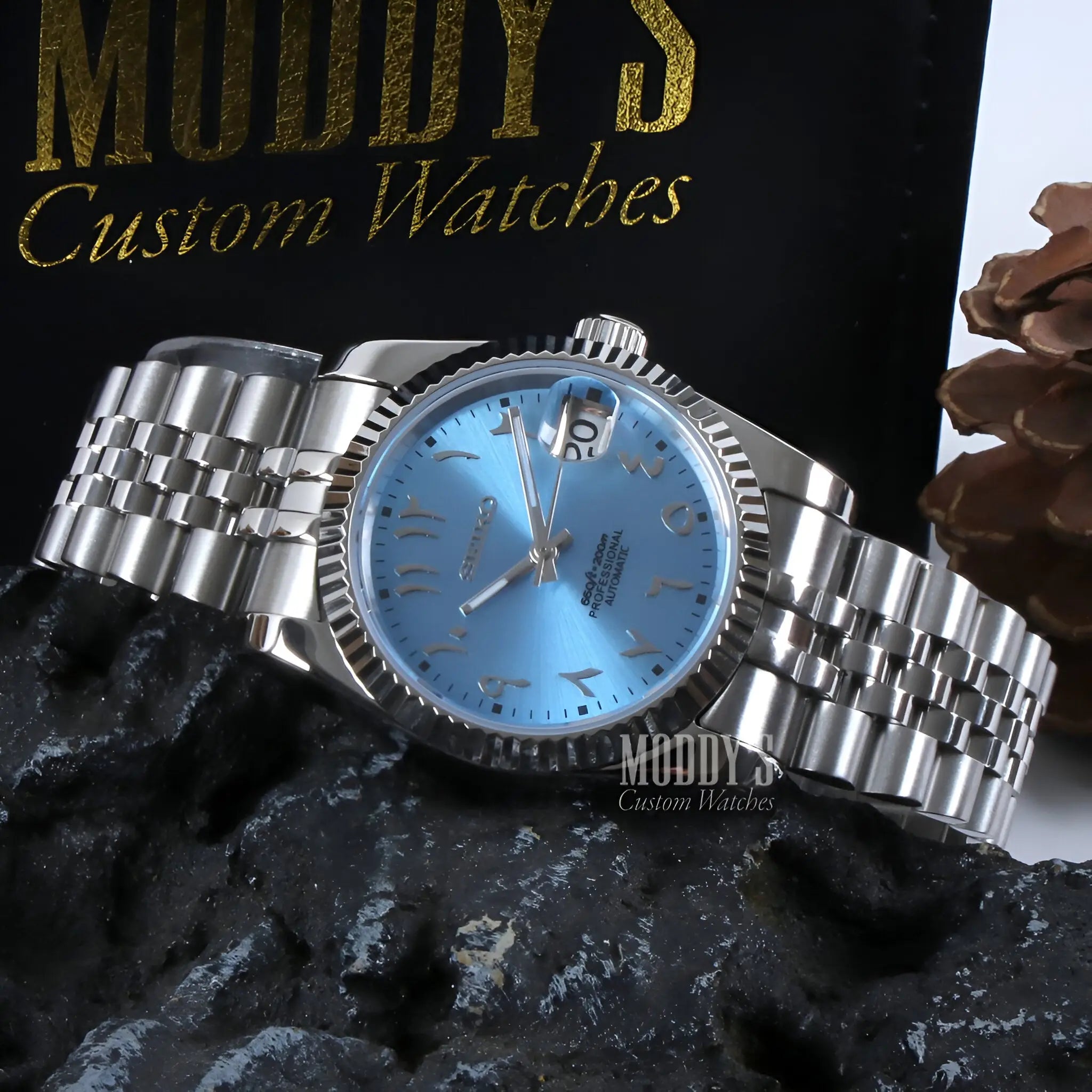 Seiko mod Datejust with ice blue dial, NH35 movement, 316L steel