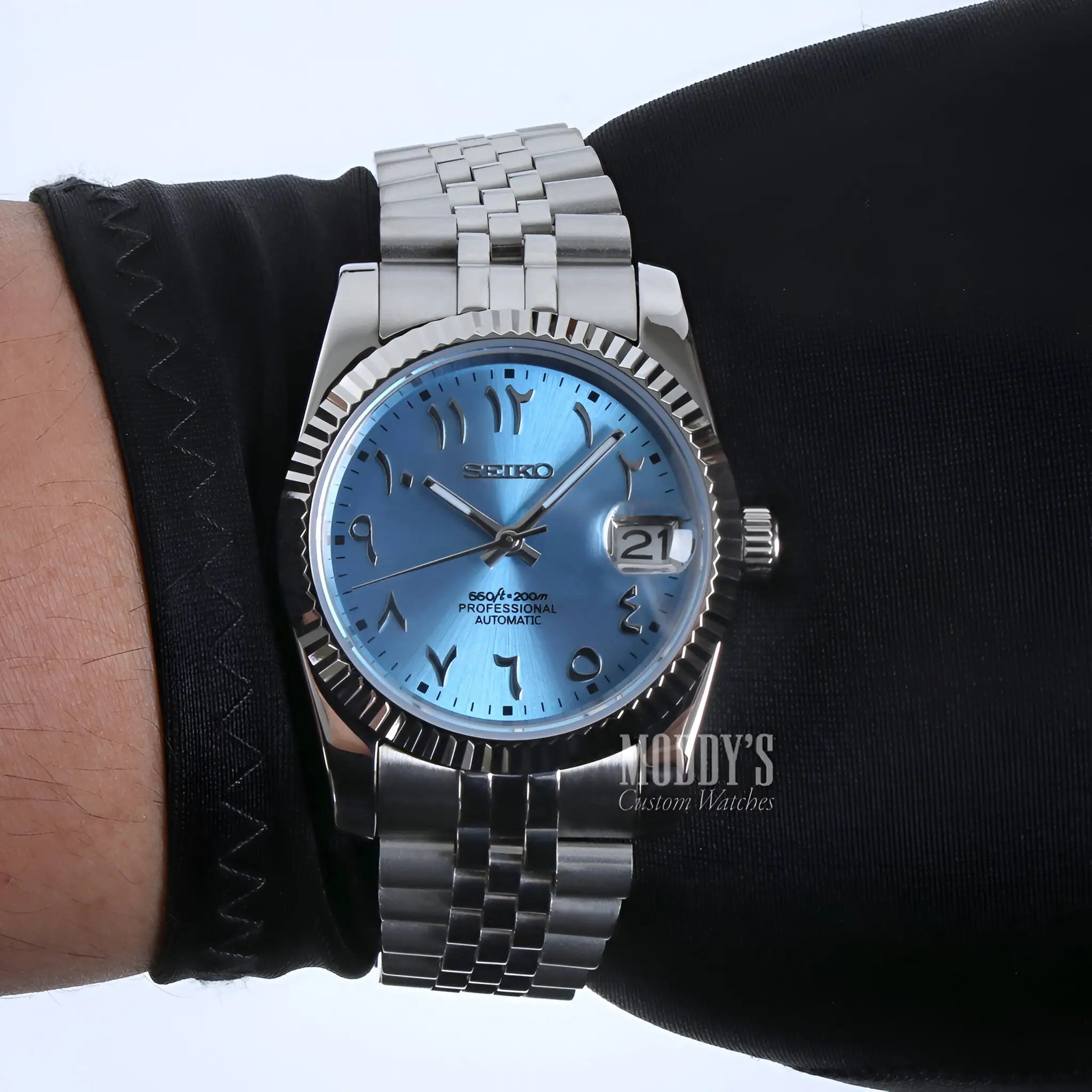 Seiko mod Datejust watch with NH35 movement and ice blue dial