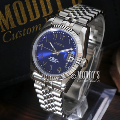 Blue Seiko Mod Datejust watch with NH35 automatic movement and 316L steel