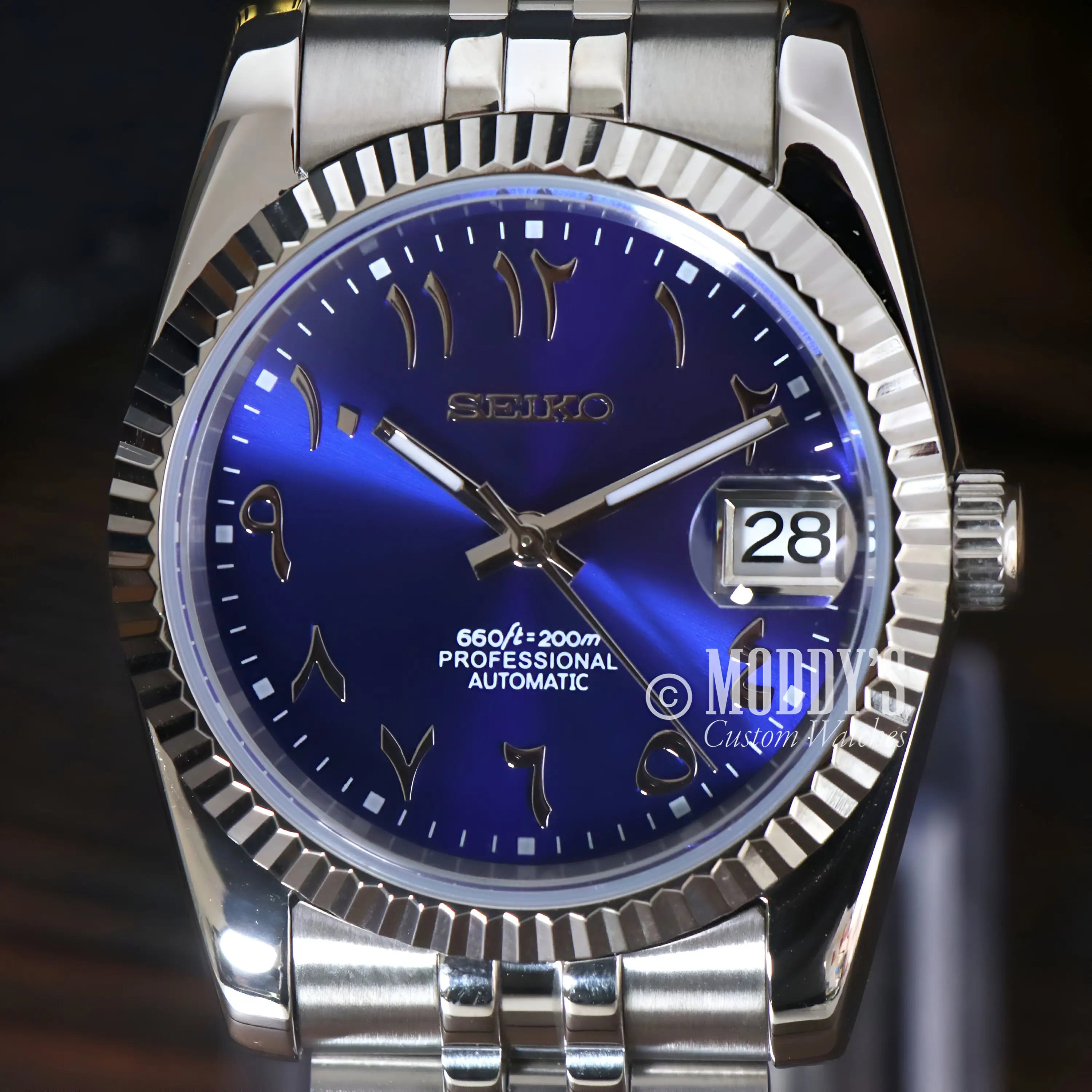 Seiko mod datejust blue dial watch with 316l stainless steel bracelet