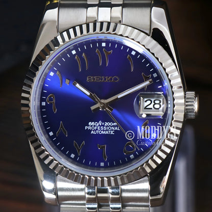 Seiko mod datejust blue dial watch with 316l stainless steel bracelet