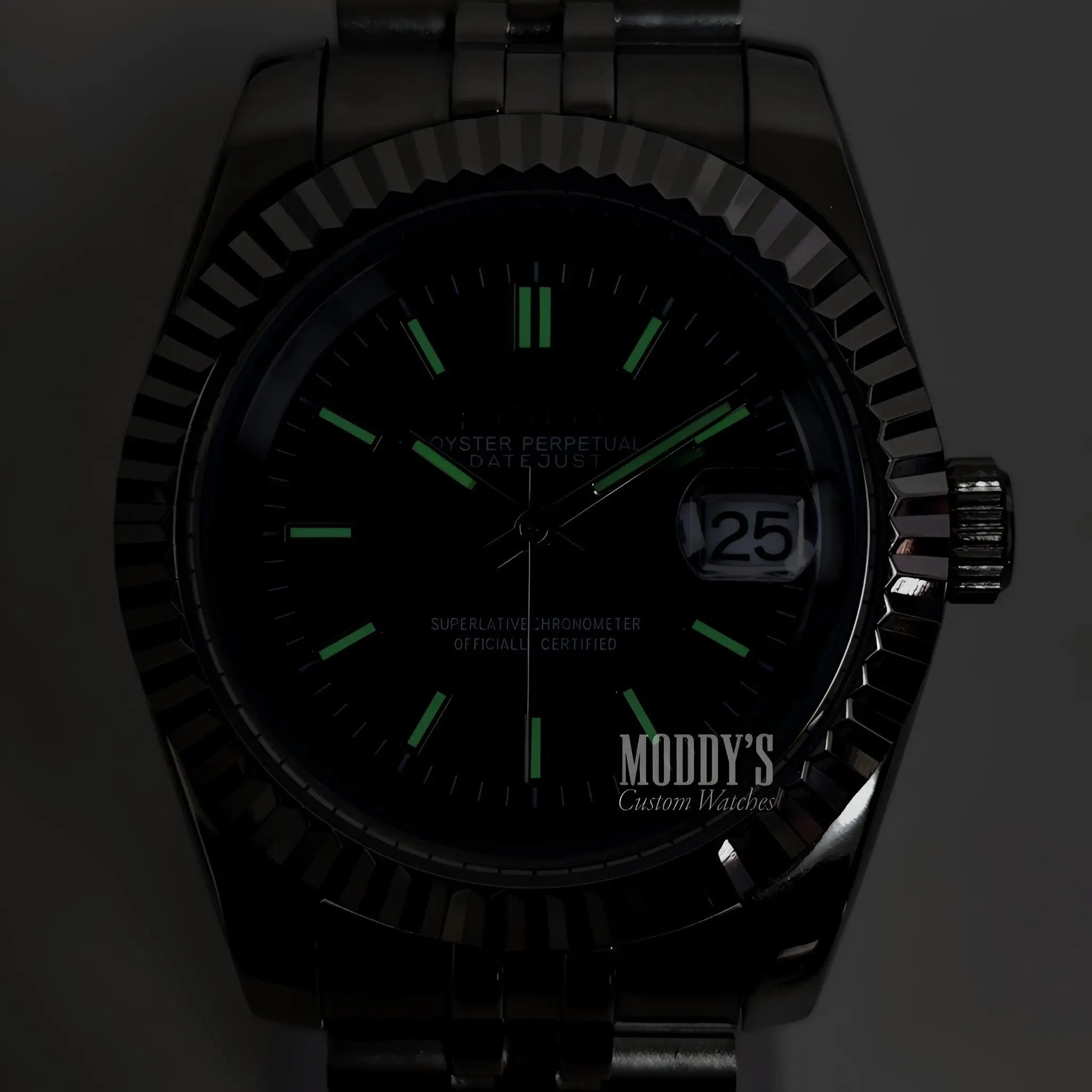 Seiko mod Datejust with NH35 automatic, black dial, green lume, steel bracelet