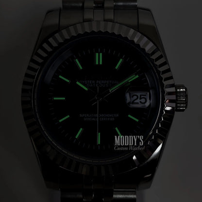 Seiko mod Datejust with NH35 automatic, black dial, green lume, steel bracelet