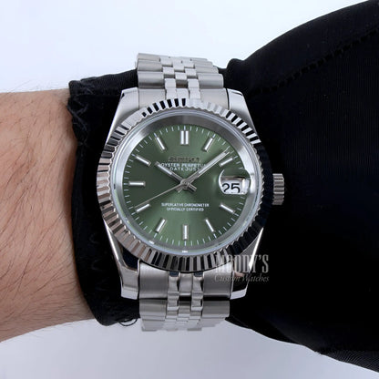Seiko mod Datejust with NH35 automatic, mint green dial, white gold bezel