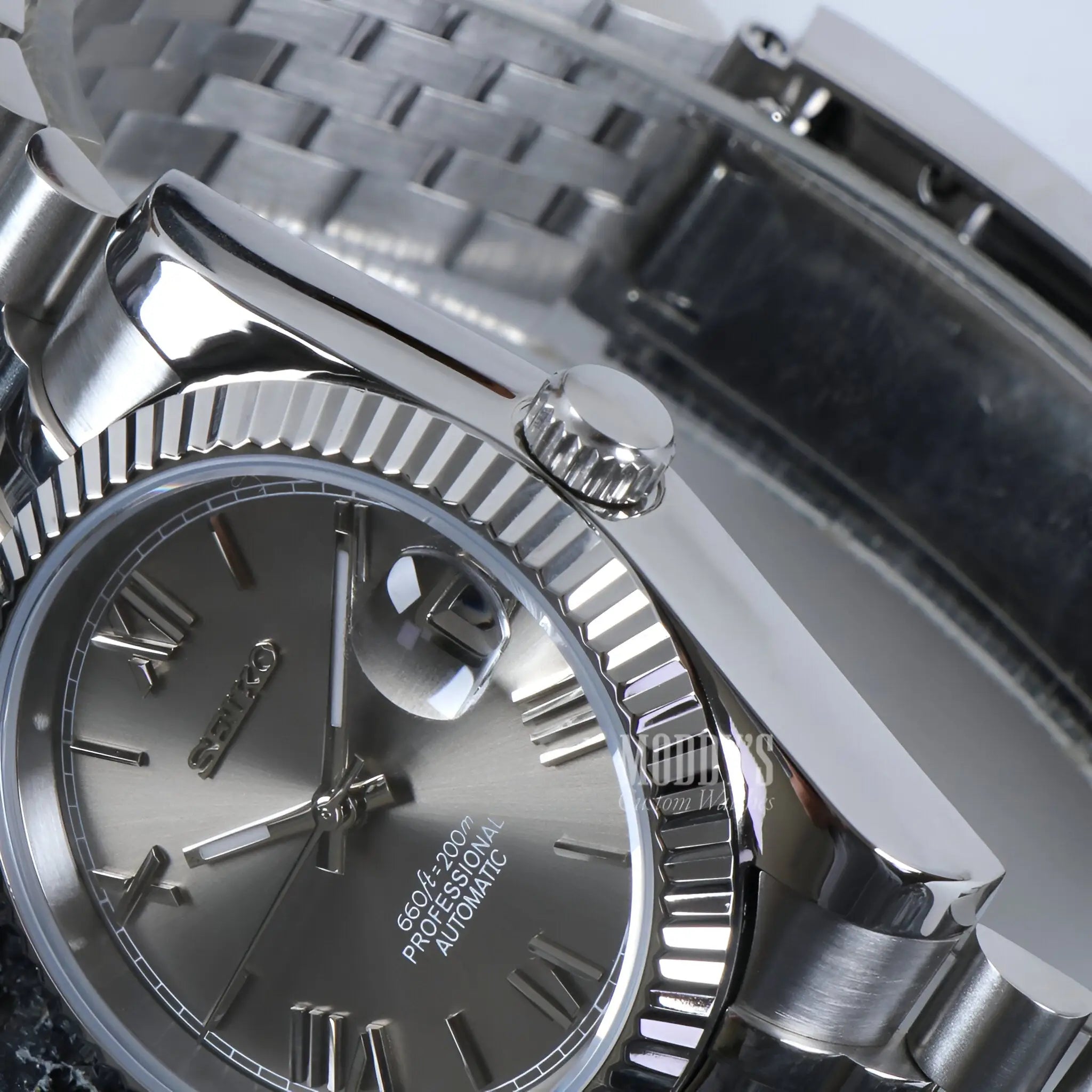 Seiko mod Datejust with NH35 automatic, silver dial, Roman numerals