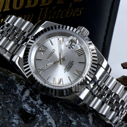 Seiko mod Datejust with silver dial, Roman numerals, date window