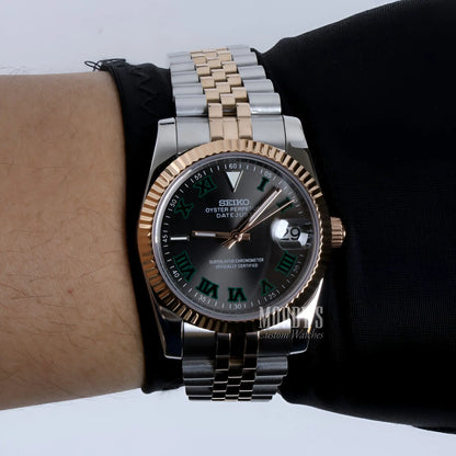 Two-tone Seiko NH35 automatic watch with green dial and 316L stainless steel