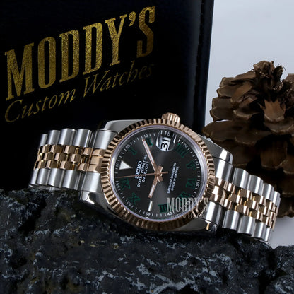 Seiko NH35 automatic two-tone 316L stainless steel watch with green dial