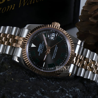 Gold and silver Seiko NH35 automatic two-tone watch with green dial