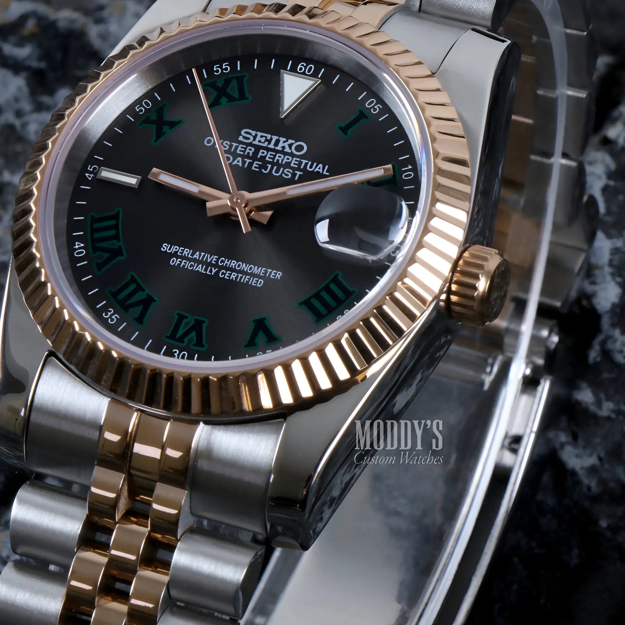 Seiko NH35 automatic two-tone watch with green Roman numerals
