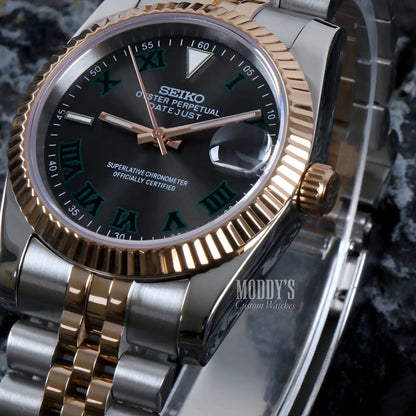 Seiko NH35 automatic two-tone watch with green Roman numerals