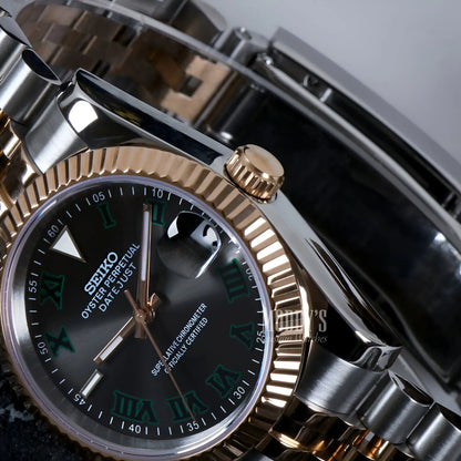 Seiko NH35 automatic two-tone watch with green dial, gold bezel, 316L steel bracelet