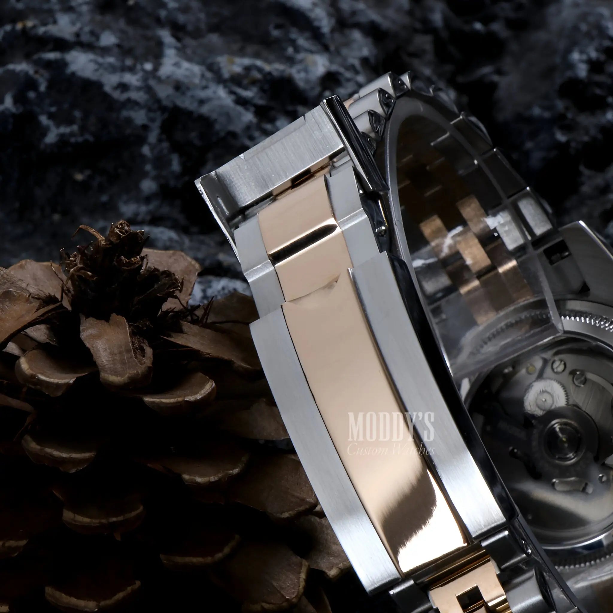 Two-tone Seiko NH35 automatic watch with transparent face and 316L stainless steel