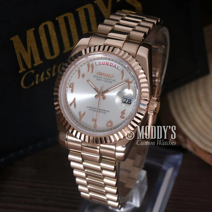 Rose gold Seiko mod watch with white Arabic dial, date, 316L stainless automatic movement