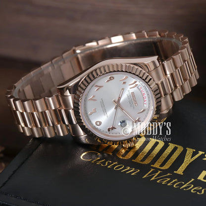 Seiko mod Datejust with silver dial, gold accents, 316L stainless, automatic movement