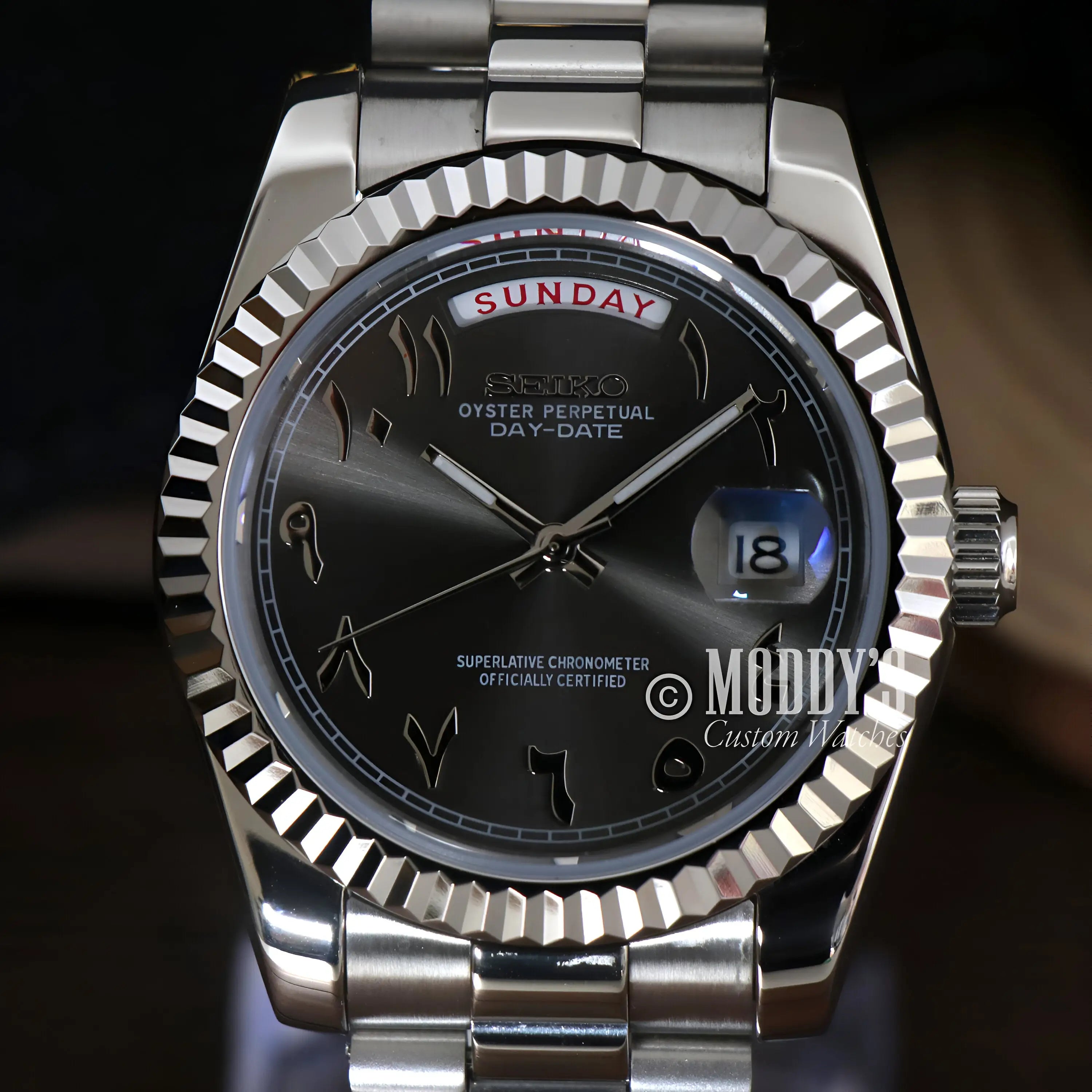 Seiko mod Rolex Day-Date watch with black dial and 316L steel