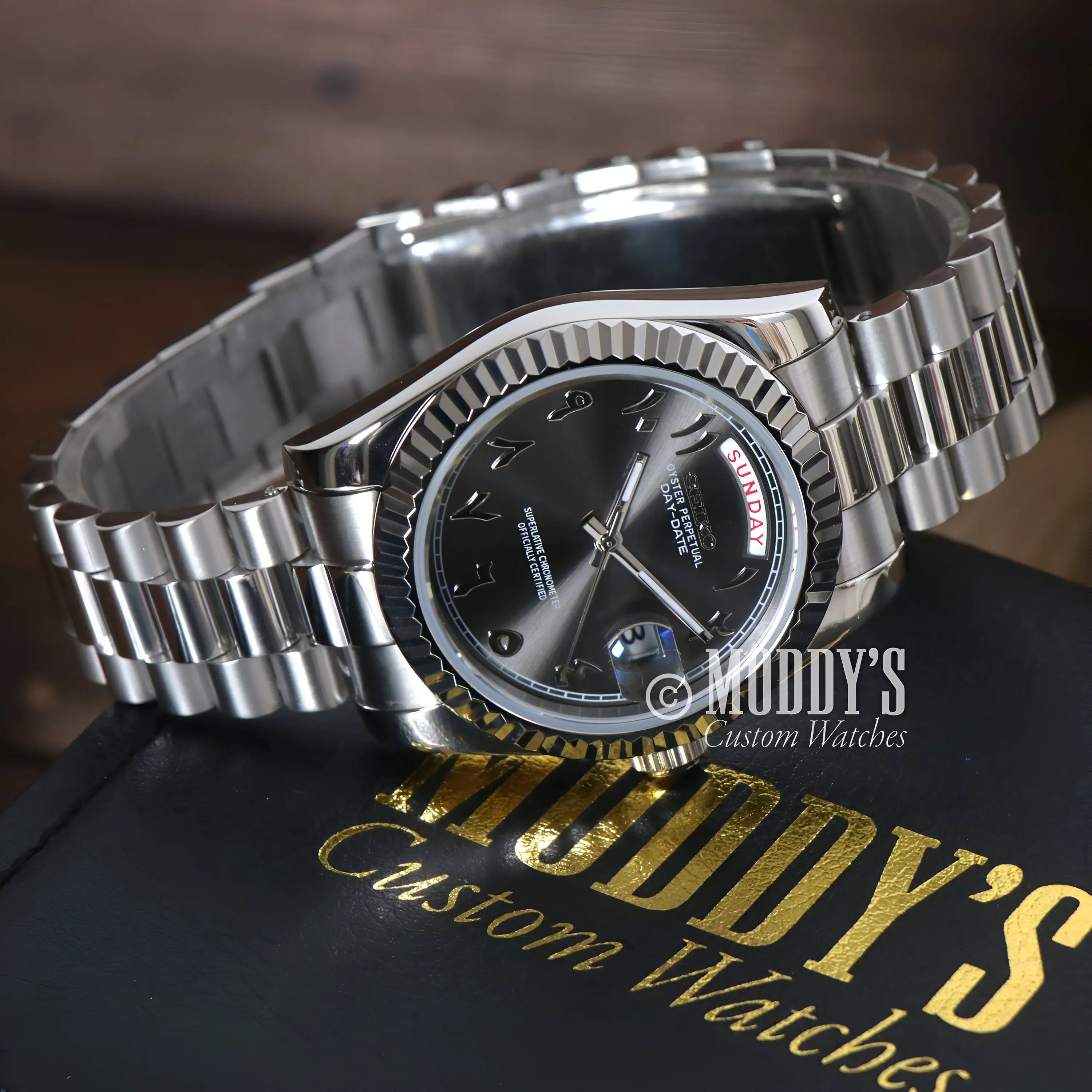 Seiko mod Rolex Datejust with black dial, 316L stainless steel bracelet