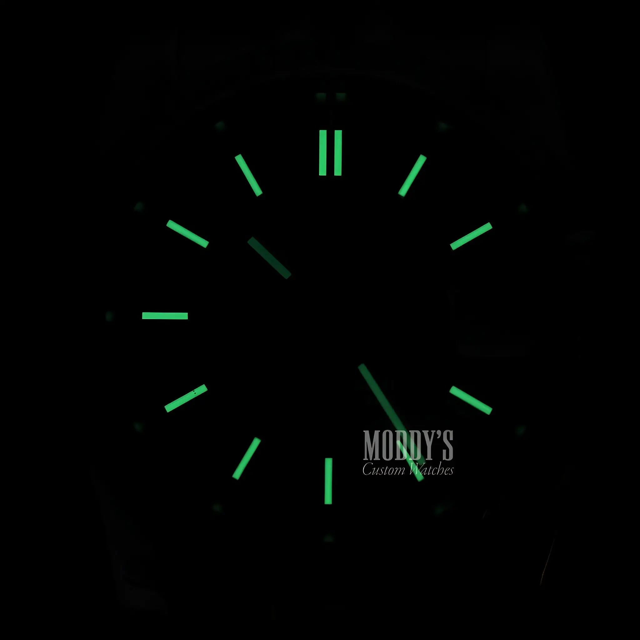 Seiko mod automatic watch with luminous green hands on black face