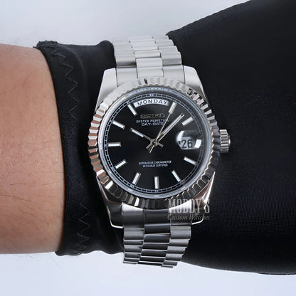 Seiko mod watch with 316L stainless steel case, black dial, date, automatic movement