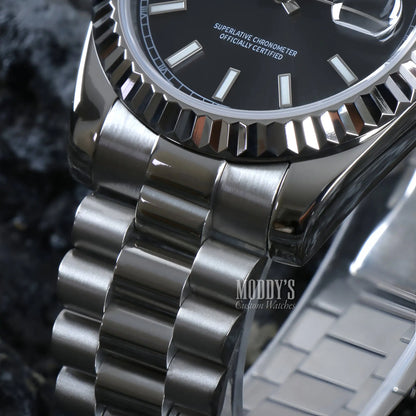 Seiko mod Rolex Datejust black dial 316L steel automatic watch