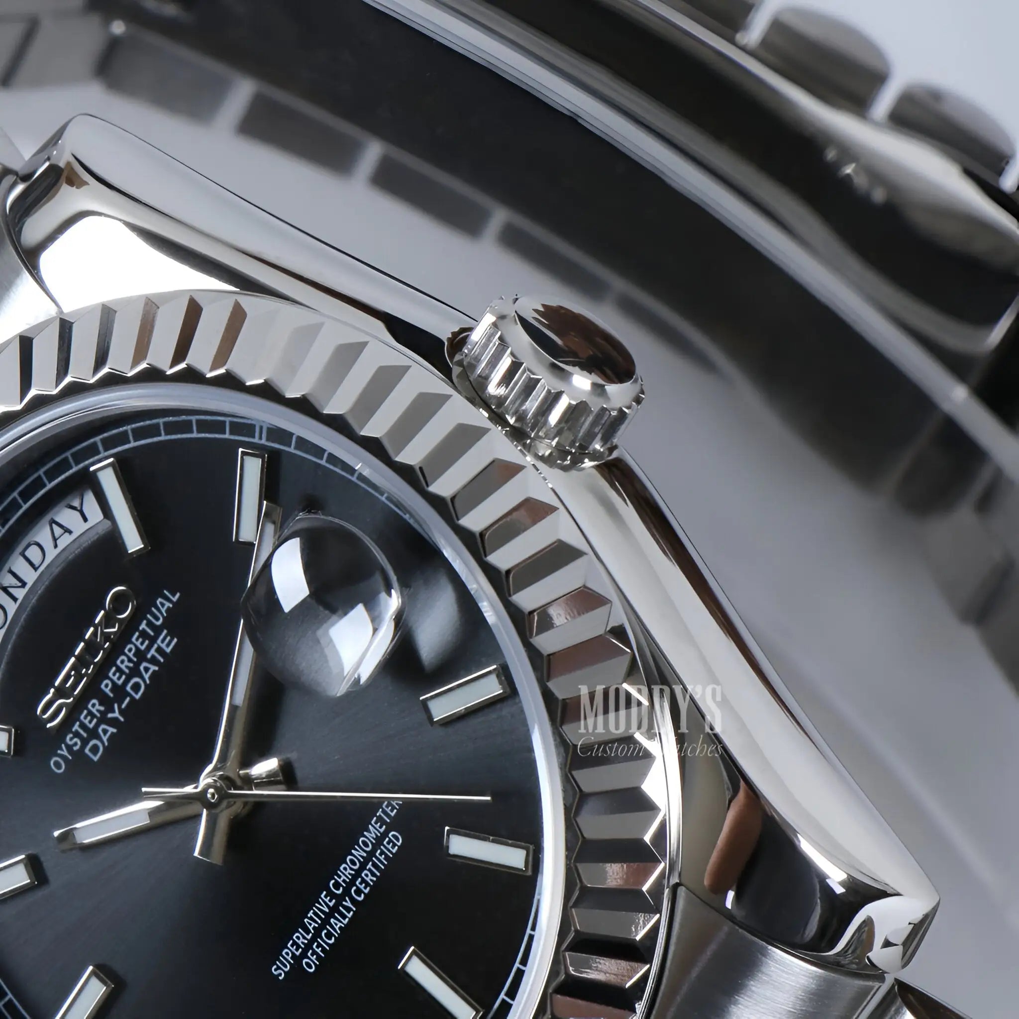 Seiko mod Daydate Classic Black Rolex Oyster Perpetual with 316L stainless steel automatic movement