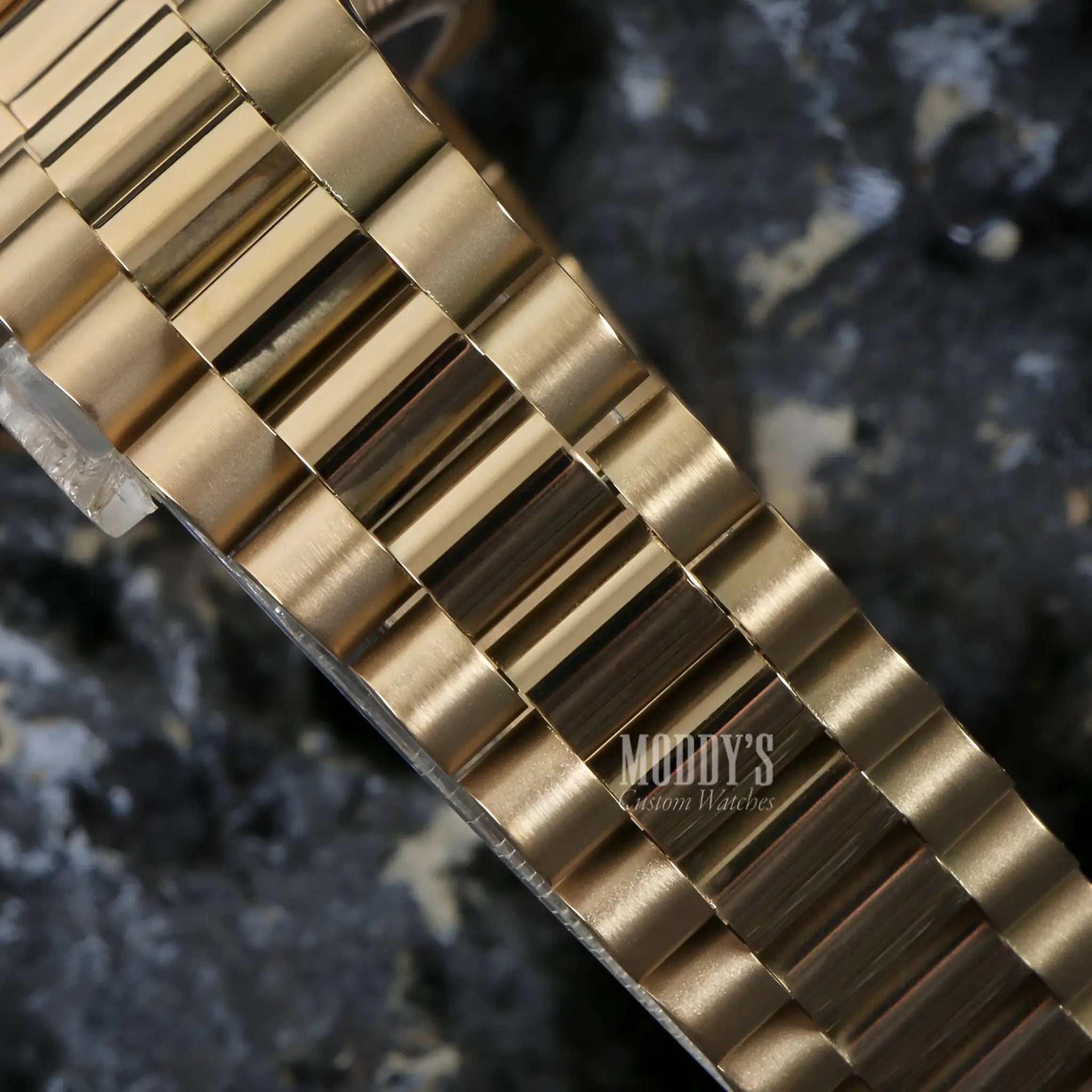 Seiko mod gold watch band with interlocking texture and automatic movement