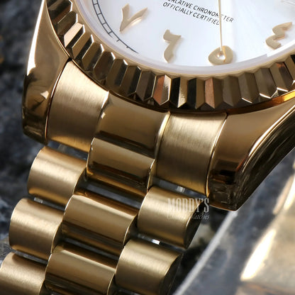 Seiko mod Rolex-style gold watch with white Arabic dial, automatic movement