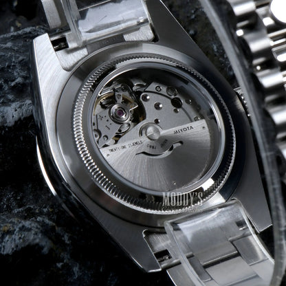 Seiko mod watch with 316L stainless steel case, black dial, date window, automatic movement