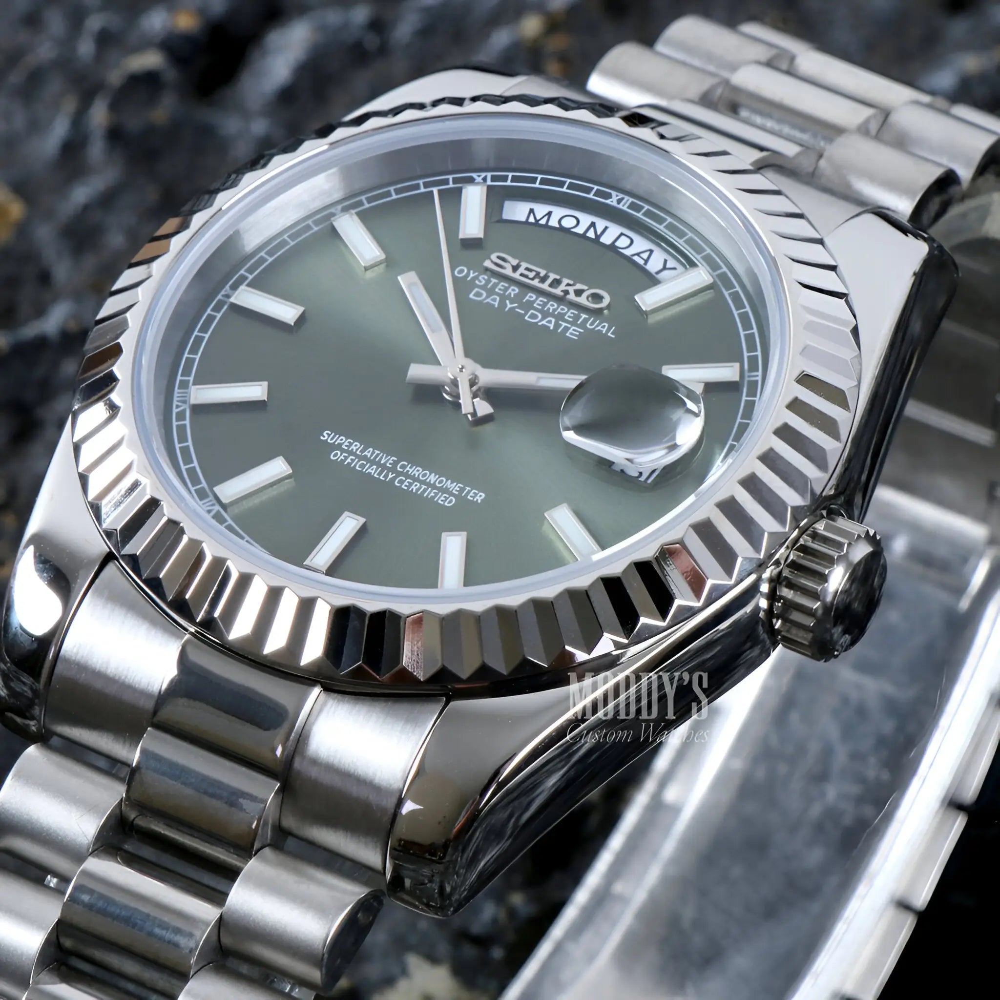 Seiko mod watch with 316L stainless steel, green dial, automatic movement