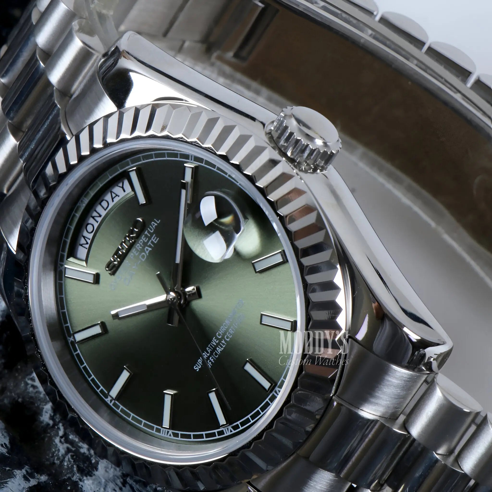 Seiko mod Datejust with mint green dial, 316L stainless steel bracelet, automatic movement