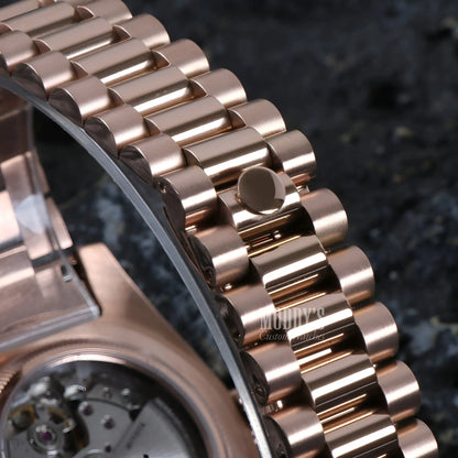 Rose gold Seiko mod watch with link bracelet, black dial, 316L steel, automatic movement
