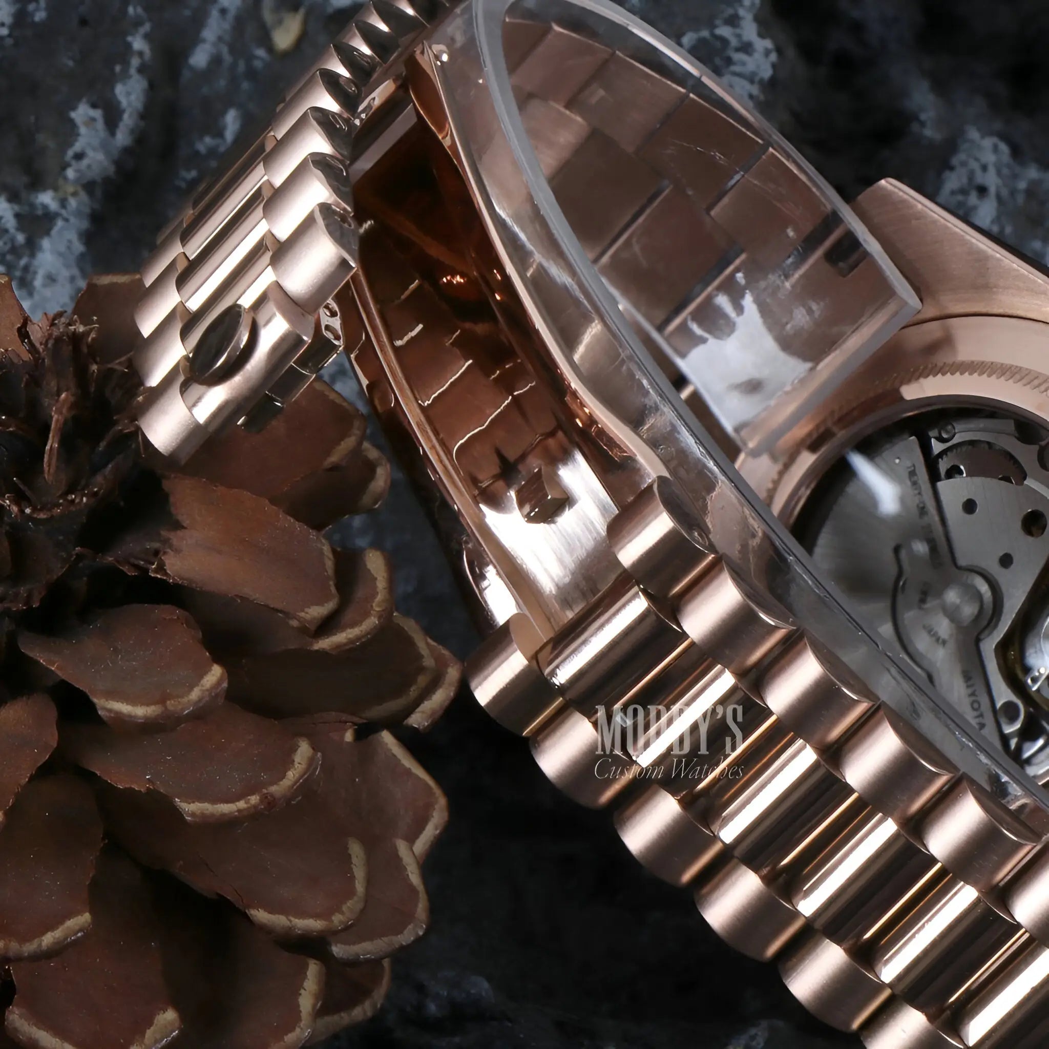 Seiko mod daydate rose gold watch with automatic movement