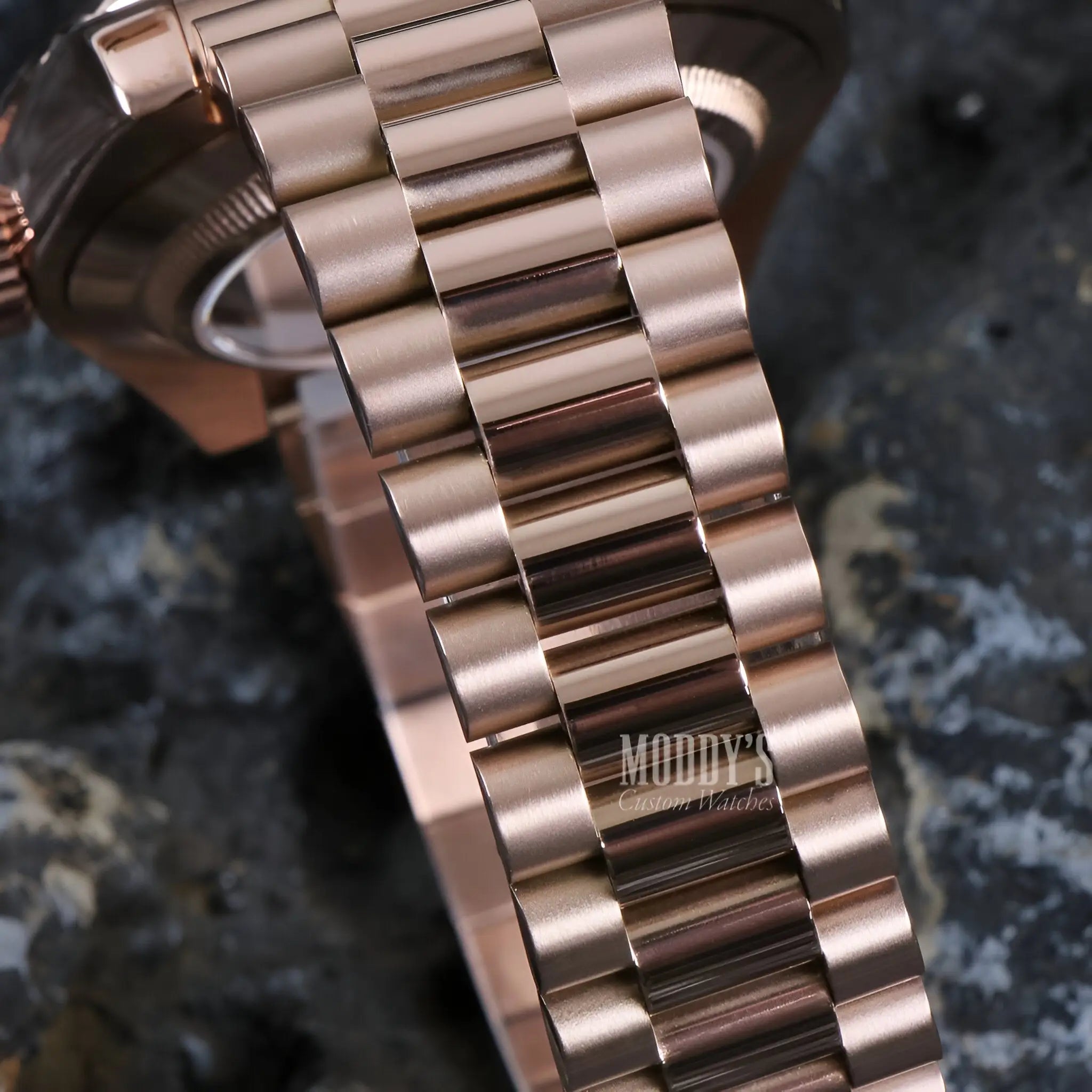 Seiko mod rose gold watch with automatic movement and 316L steel links