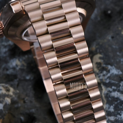 Seiko mod rose gold watch with automatic movement and interlocking links