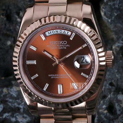 Rose gold Seiko mod watch with brown dial, silver accents, 316L stainless steel, automatic movement