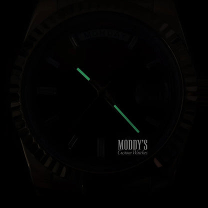 Green lume Seiko mod watch with camo strap, black face, 316L steel, automatic movement
