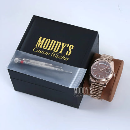 Seiko mod 316L stainless steel watch with black dial and rose gold accents