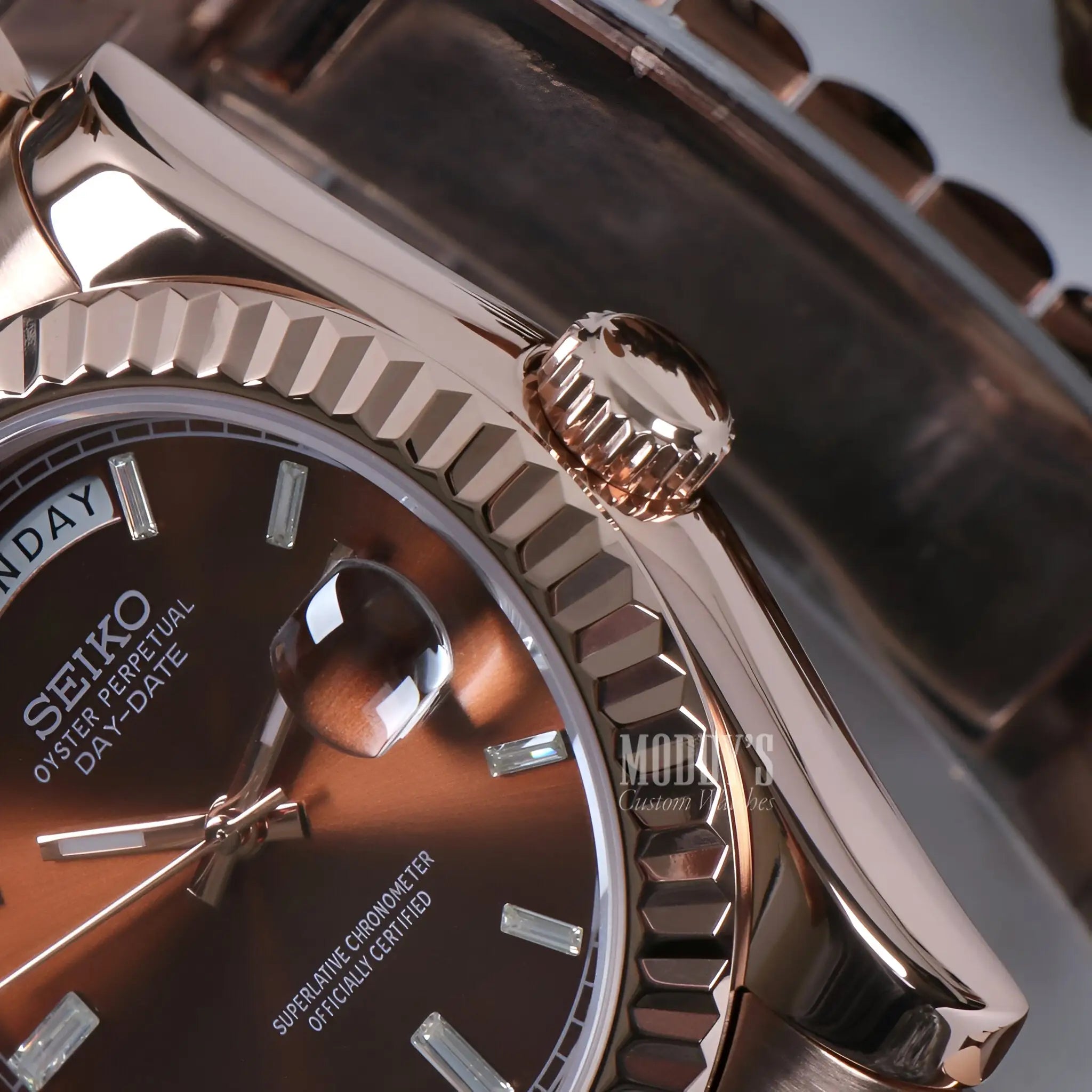 Brown leather Seiko mod watch with gold accents, date display, 316L steel, automatic movement
