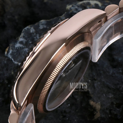 Seiko mod rose gold watch with transparent band and automatic movement