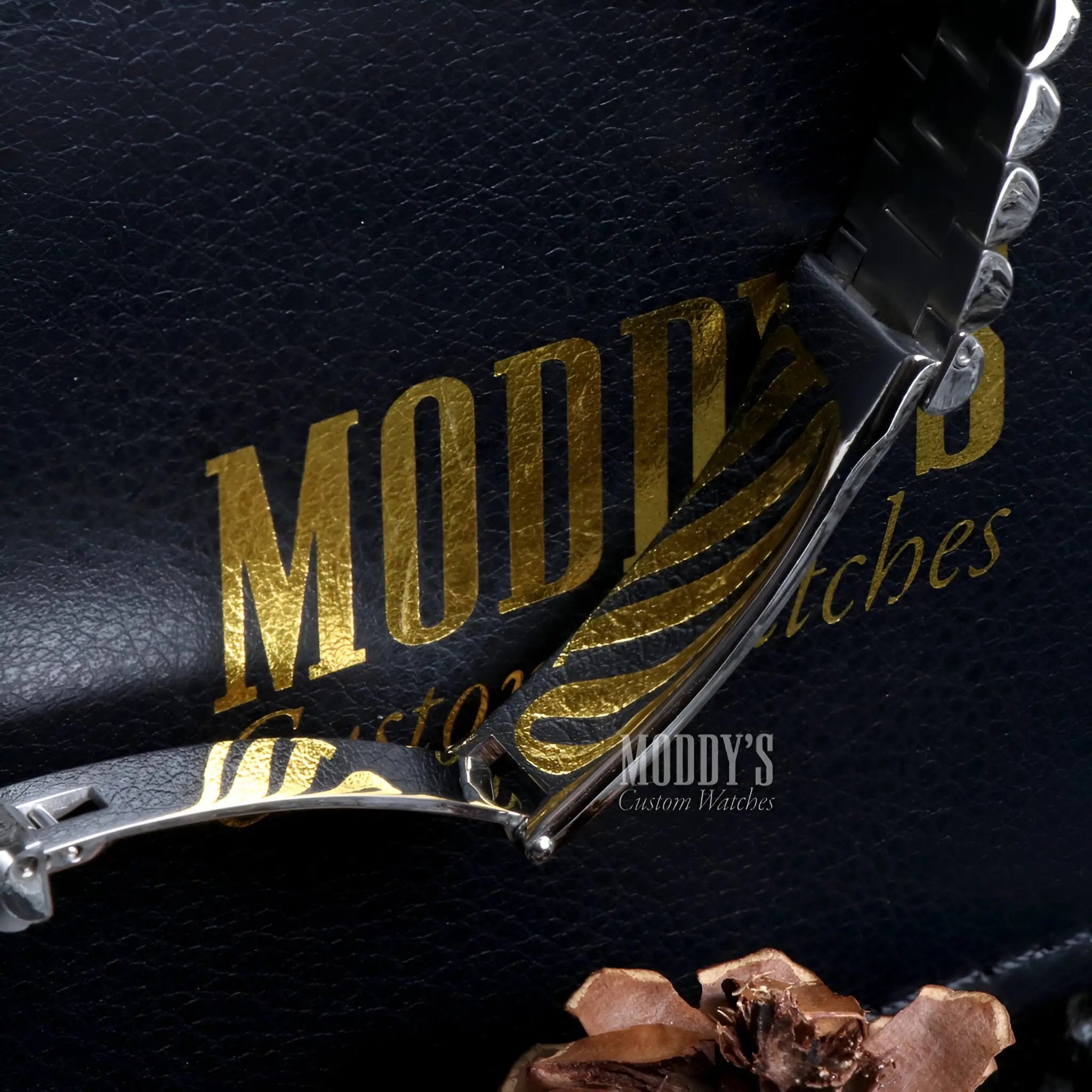 Seiko mod silver watch band with black links, floral design, 316L stainless steel