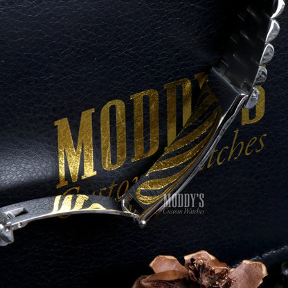 Seiko mod silver watch band with black links, floral design, 316L stainless steel