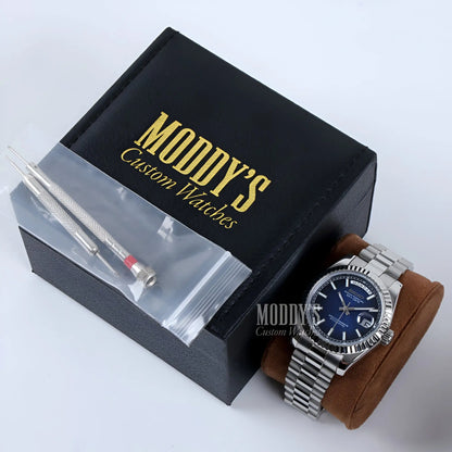 Seiko mod Datejust watch with blue dial, 316L stainless steel bracelet, automatic movement