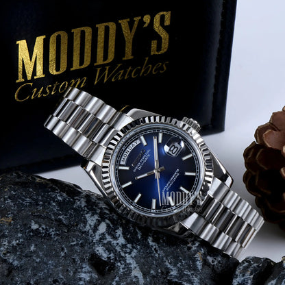 Seiko mod Datejust with blue dial, 316L steel bracelet, automatic movement