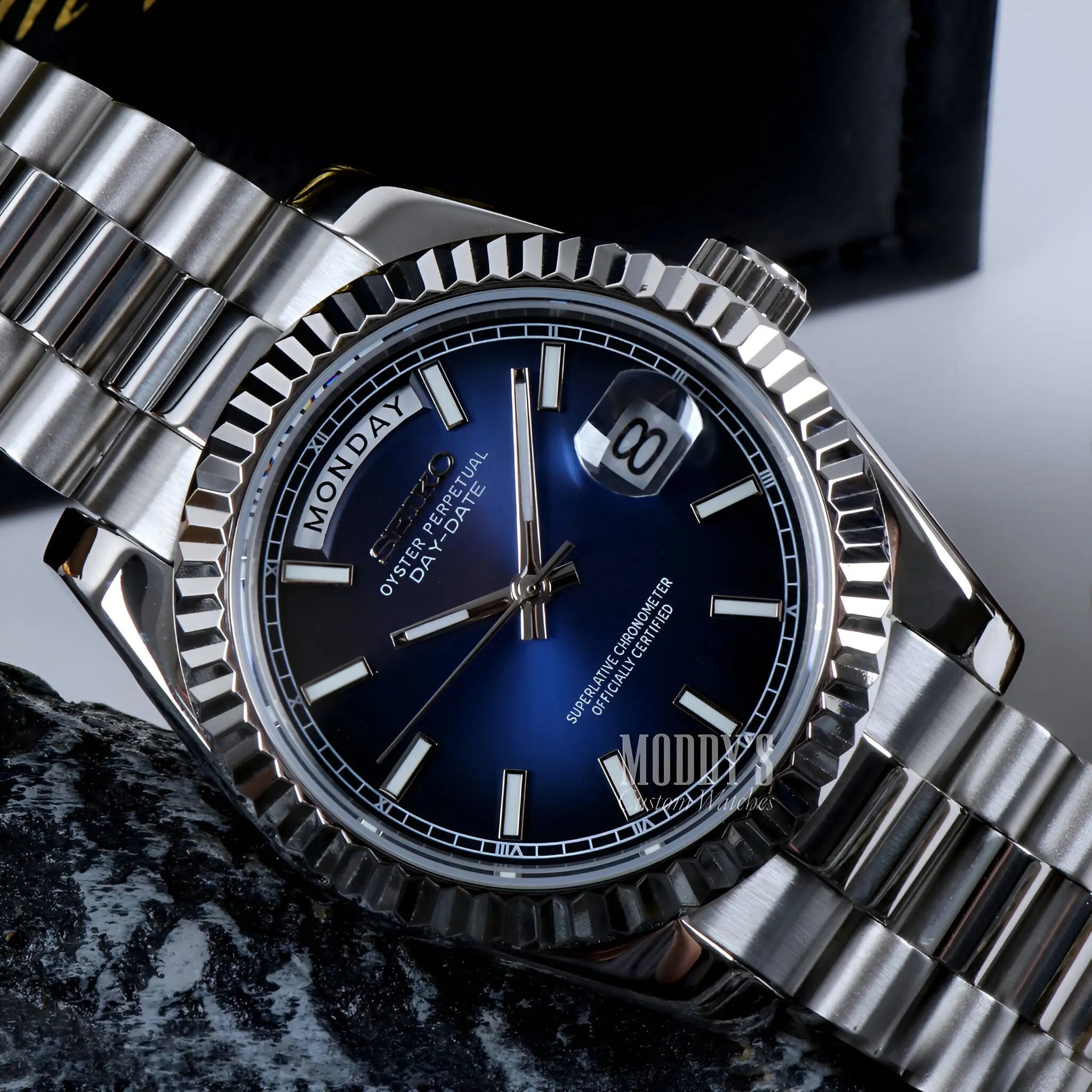 Seiko mod Datejust watch with blue dial, 316L steel bracelet, automatic movement