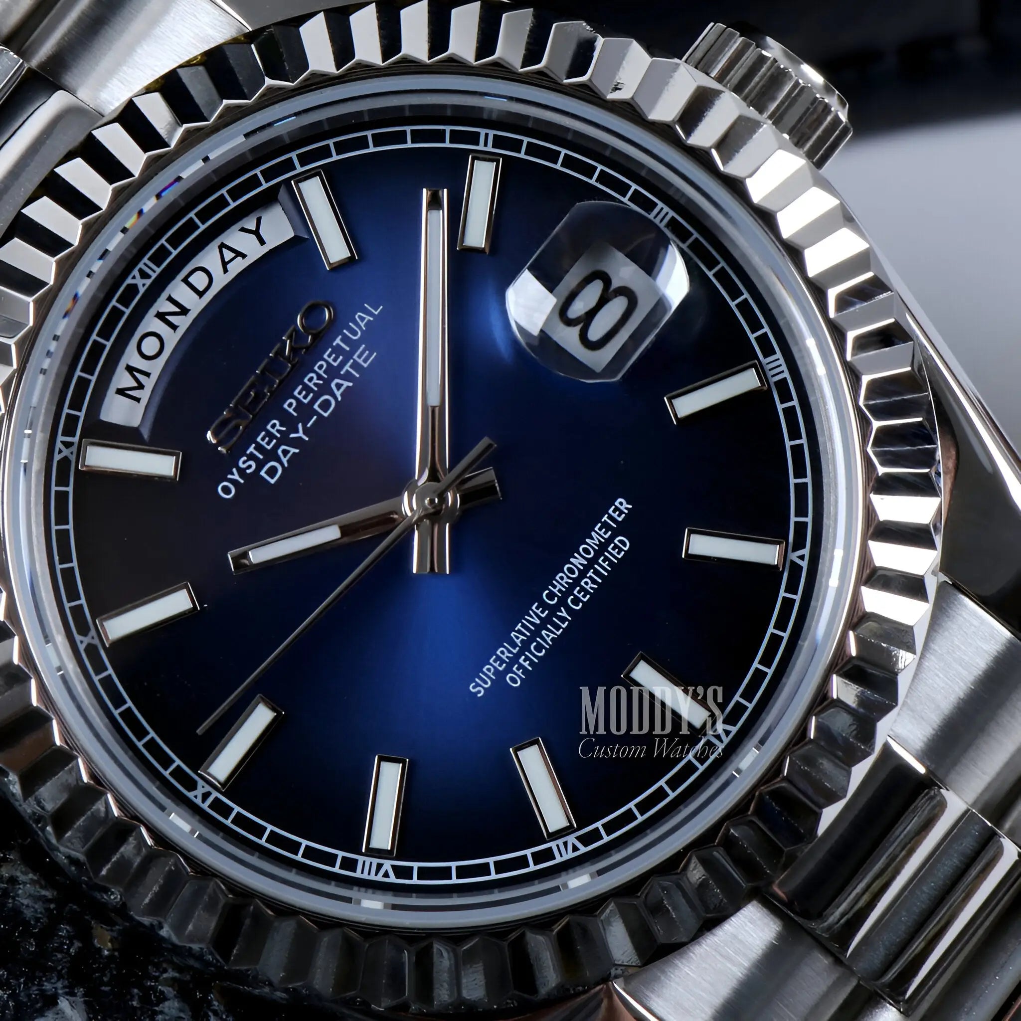 Seiko mod Daydate Royal Blue watch with 316L stainless steel case and automatic movement