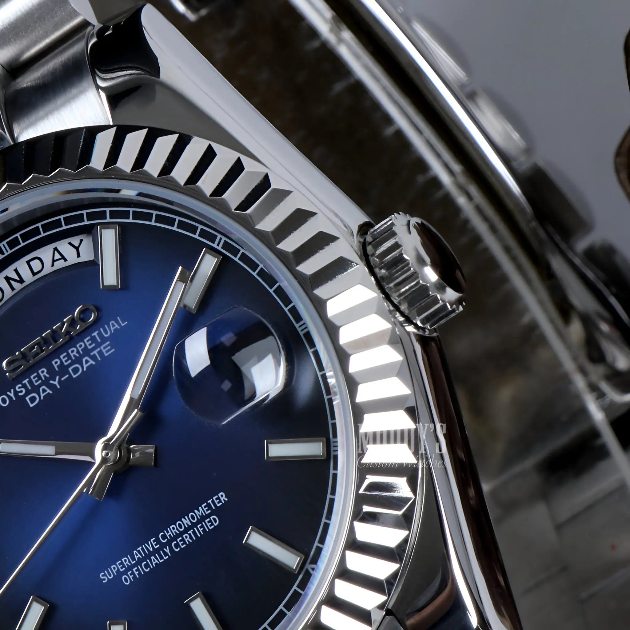 Seiko mod Daydate Royal Blue watch with 316L stainless steel case and automatic movement