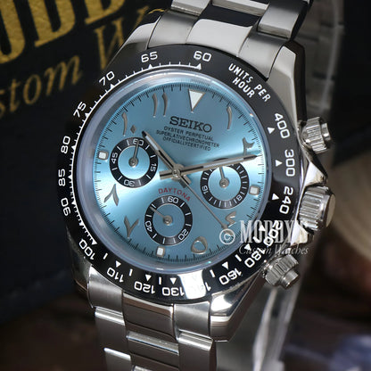Seiko mod Daytona VK63 hybrid watch with blue dial, black bezel, water resistance