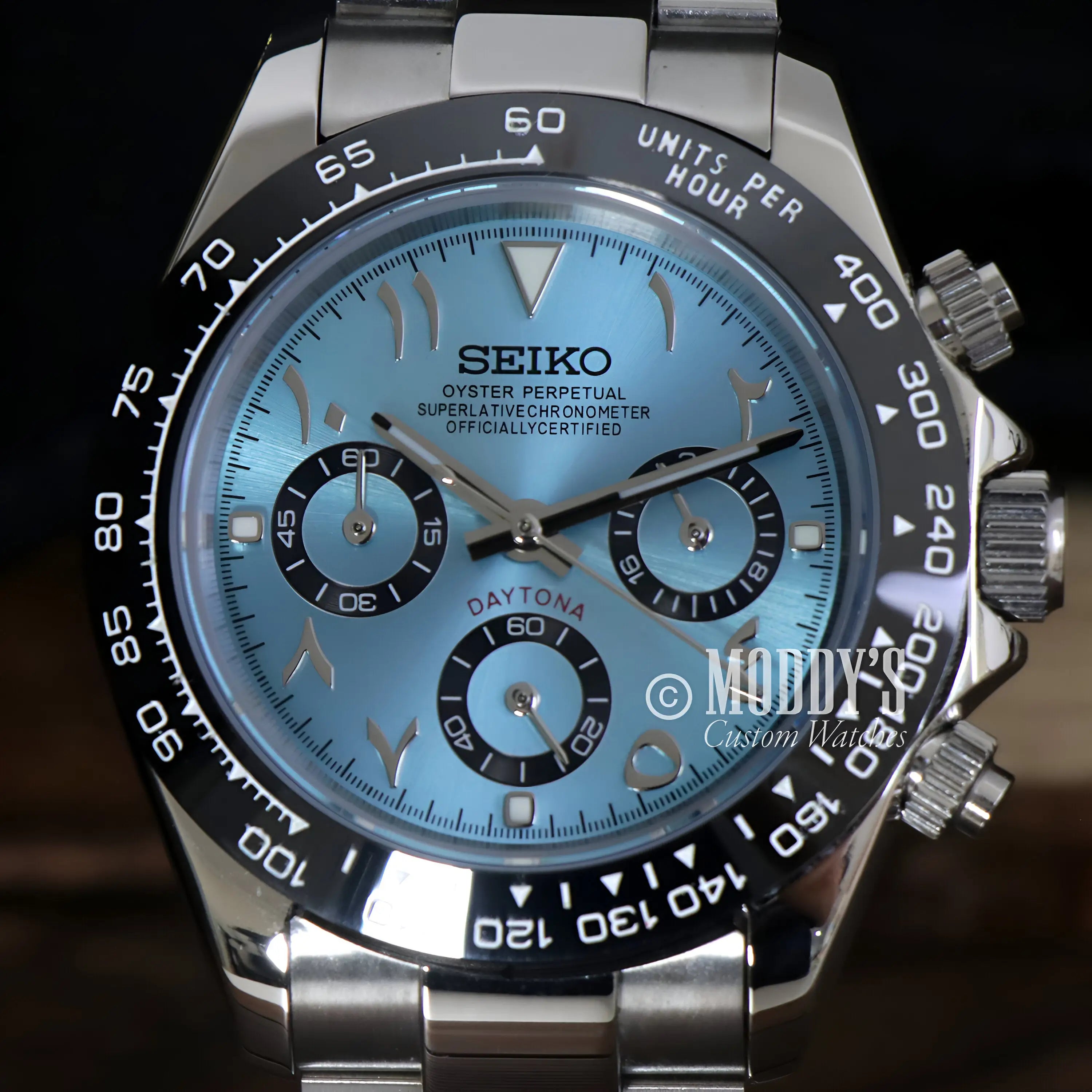 Seiko VK63 hybrid mod Daytona watch with Arabic ice blue dial